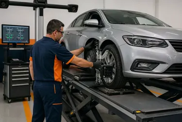 Equipamento de alinhamento de rodas operado por um profissional em Barcarena.