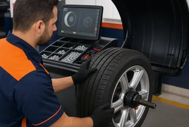 Máquina de balanceamento de rodas sendo usada por um profissional em Barcarena.