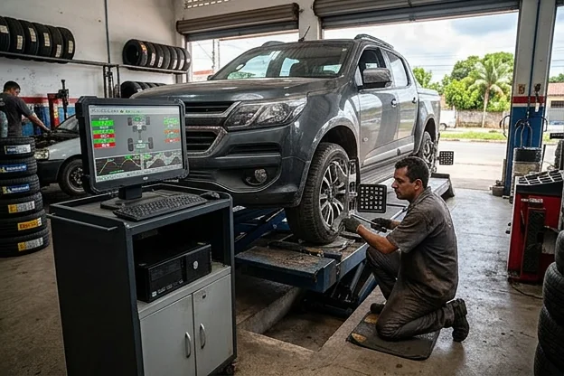 Profissional realizando alinhamento de rodas em um carro em Barcarena.